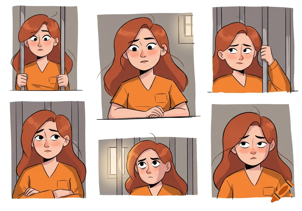 A cartoon model sheet of a sad red-haired woman in an orange jumpsuit in a jail cell, shown in various poses.