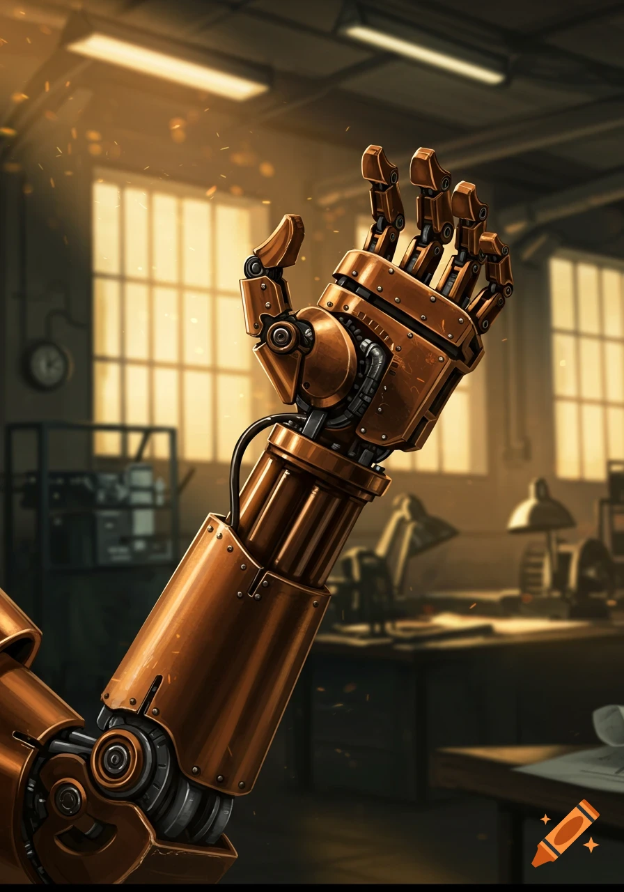 A detailed, copper-toned robot arm with visible joints and wires, reaching upwards in a warm-lit workshop.