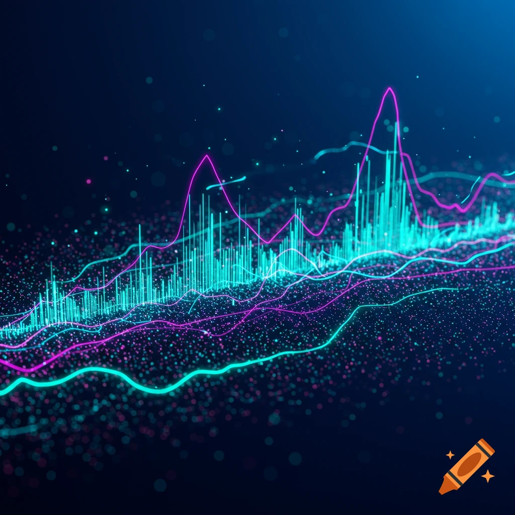 Abstract digital graph with glowing teal and magenta lines and bars on a dark background with scattered particles.