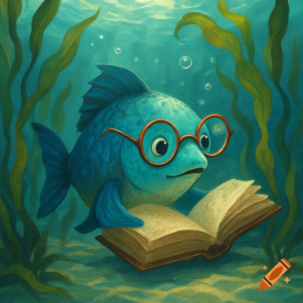 A blue cartoon fish wearing round orange glasses reads an open book underwater, surrounded by green seaweed and bubbles.