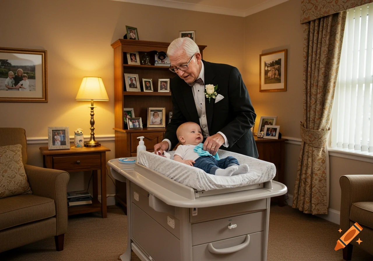 A senior man in a tuxedo gently changes a baby's diaper on a changing table in a warm, domestic setting.