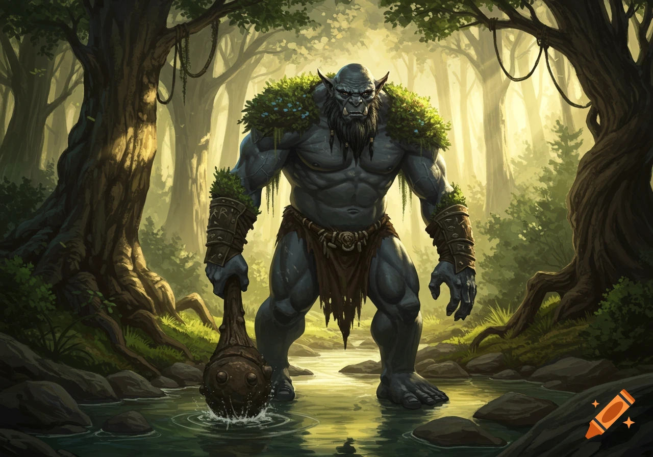 A hulking, muscular gray-skinned troll with a beard and mossy shoulders stands in a forest stream, holding a spiked club. Art style is detailed fantasy illustration.
