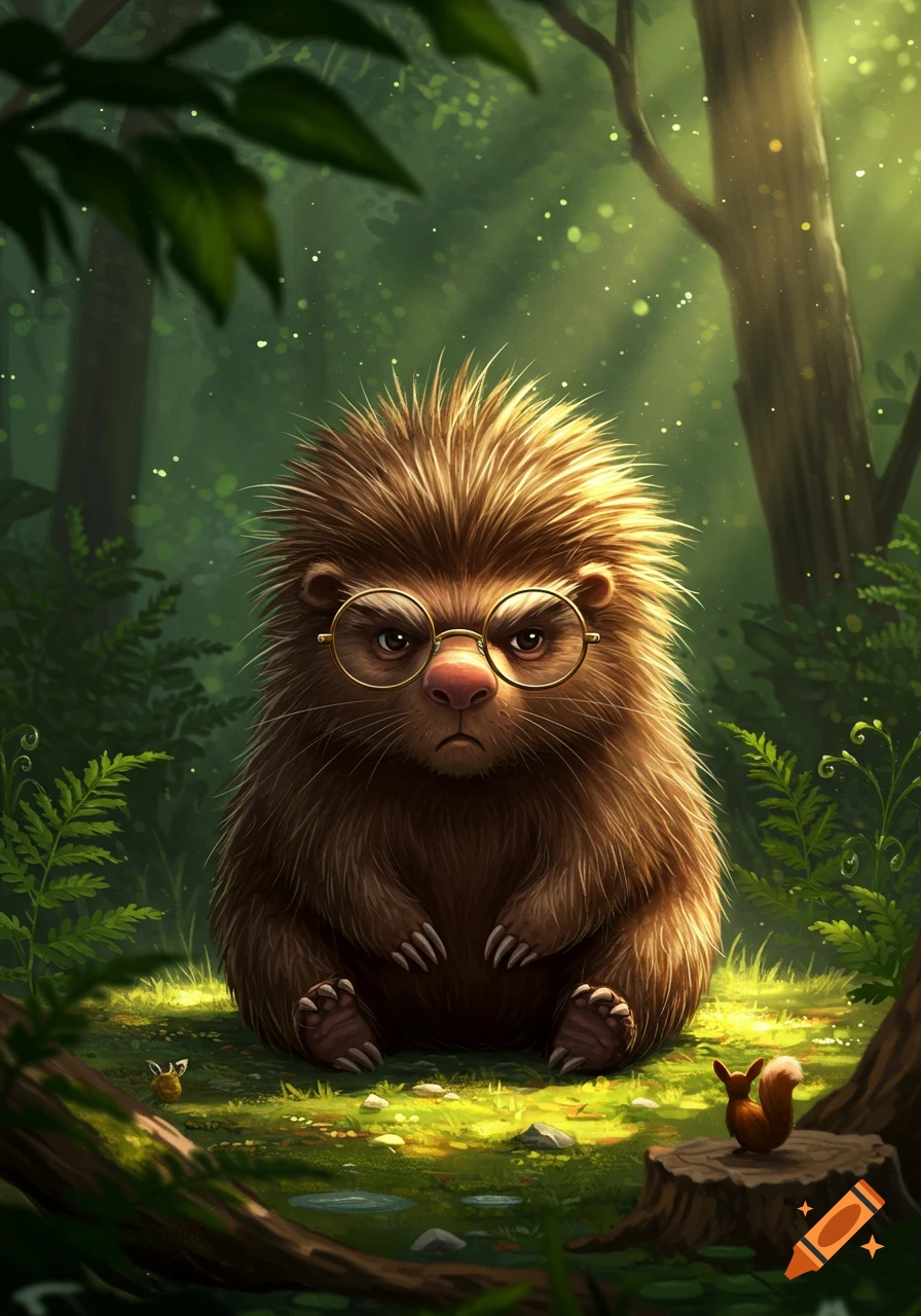 A grumpy, spiky brown porcupine wearing round glasses sits in a glowing magical forest, with a tiny squirrel nearby. Illustration.