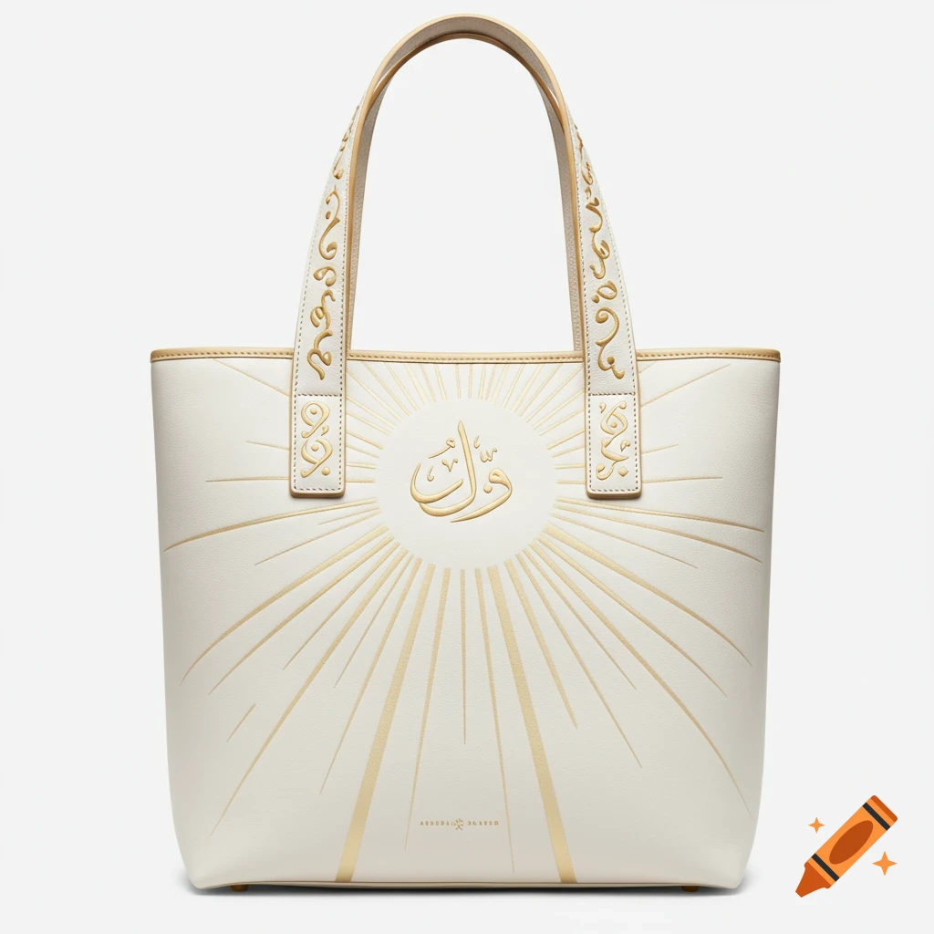 A luxurious white leather tote handbag with gold embossed Arabic calligraphy and radiant lines emanating from the center. Gold accents on the handles and edges.