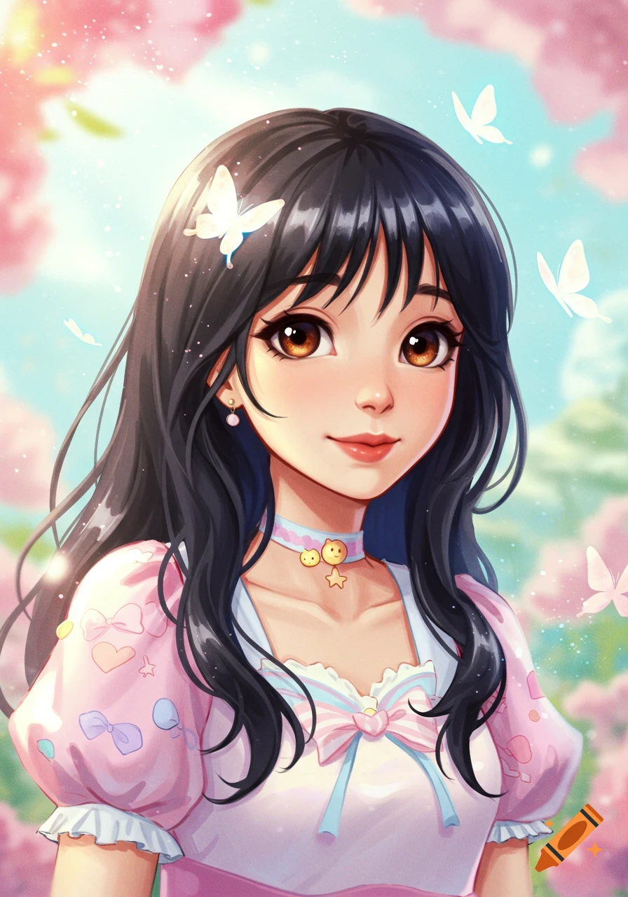 Cute anime-style girl with black hair and brown eyes, wearing a pink dress, surrounded by flowers and butterflies.