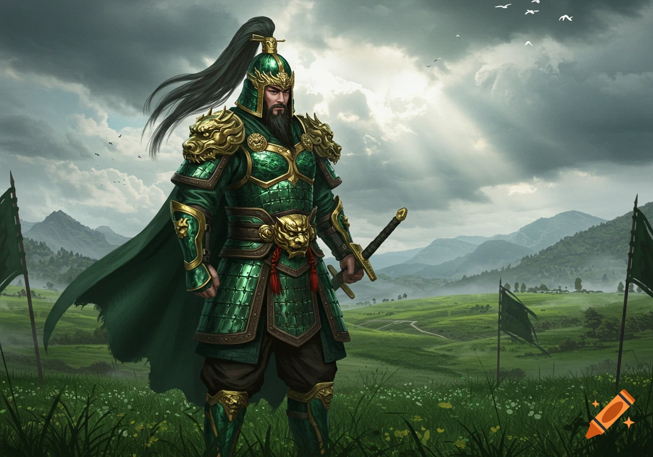 A formidable warrior in ornate green and gold armor with a long beard and topknot stands holding a sword in a vast green, mountainous landscape.