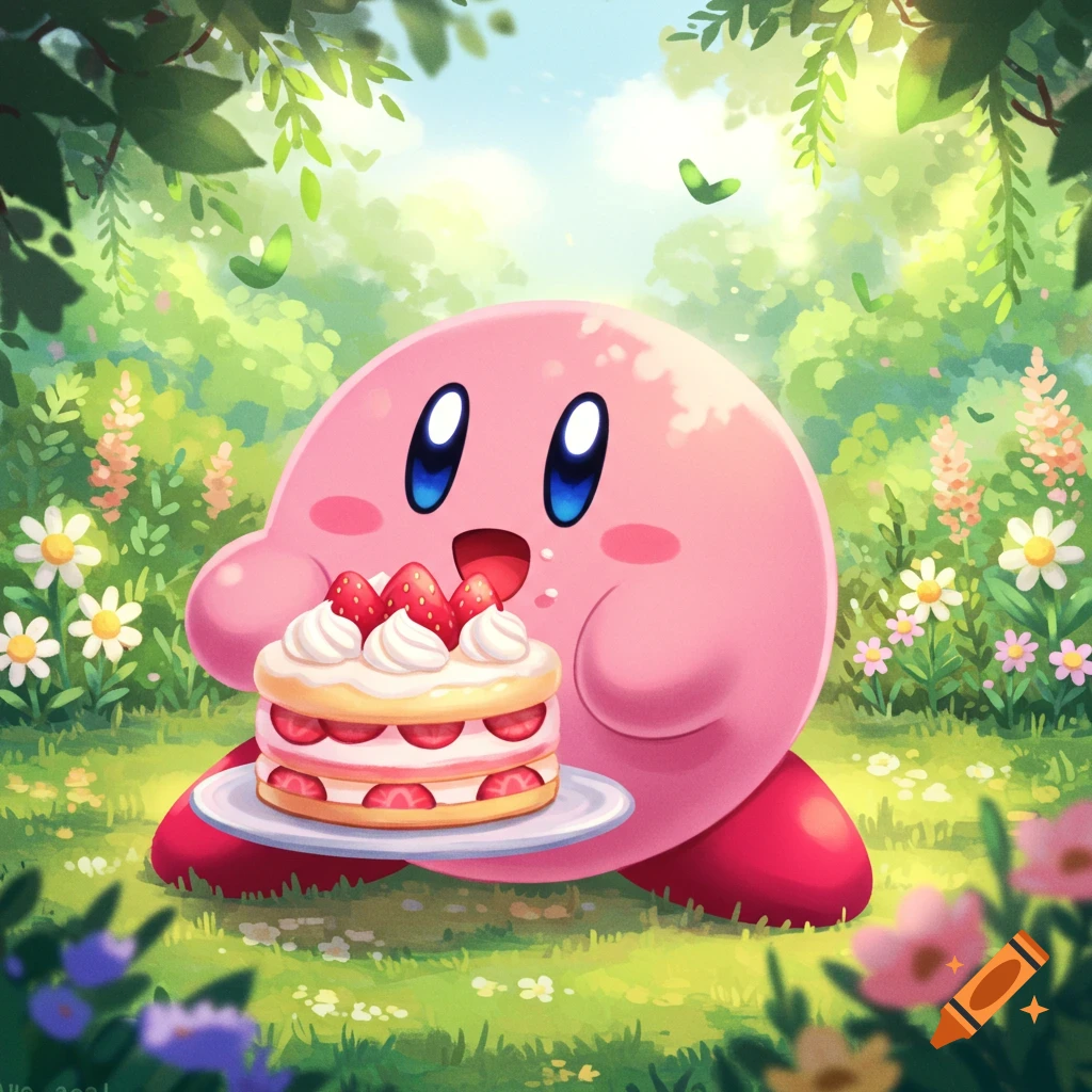 Cute cartoon Kirby holding a strawberry cake in a lush, sunny garden.