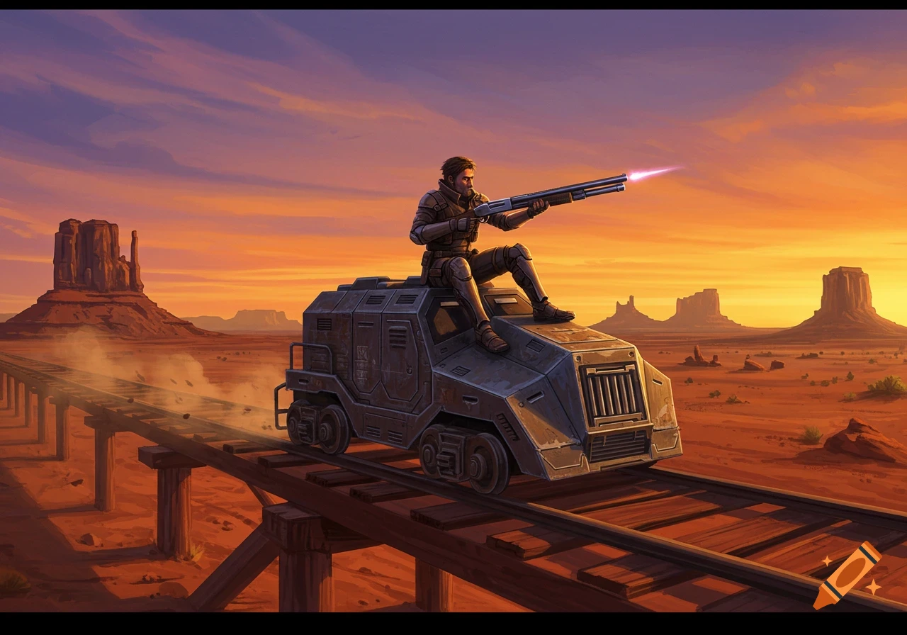 Armored man on a railcar aiming a glowing shotgun across a desert landscape with mesas at sunset, sci-fi art.