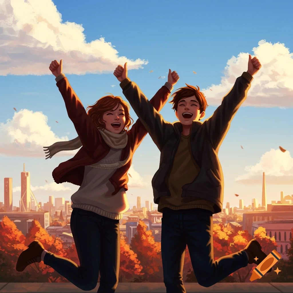 Two young people jumping and cheering with thumbs up against an autumn city skyline under a blue sky, in an illustration style.