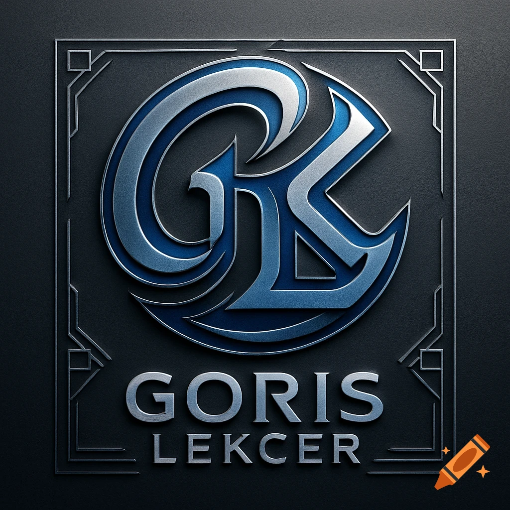 A stylized silver and blue 'GK' monogram logo above 'GORIS LEKCER' text, framed by an art deco border on a dark background.