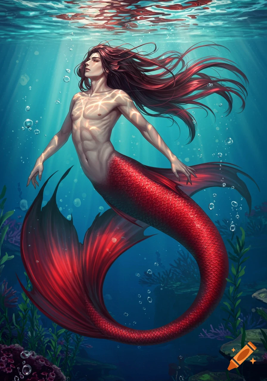 An illustration of a young merman with long red hair and a red and black tail swimming underwater with sunrays.