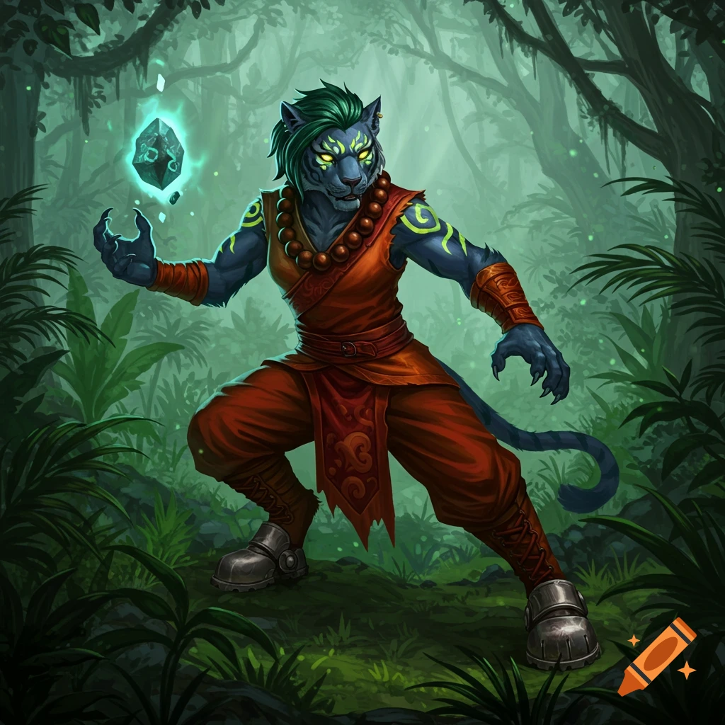 A dark indigo weretiger warrior in a jungle, levitating a glowing crystal, in an epic fantasy anime style.