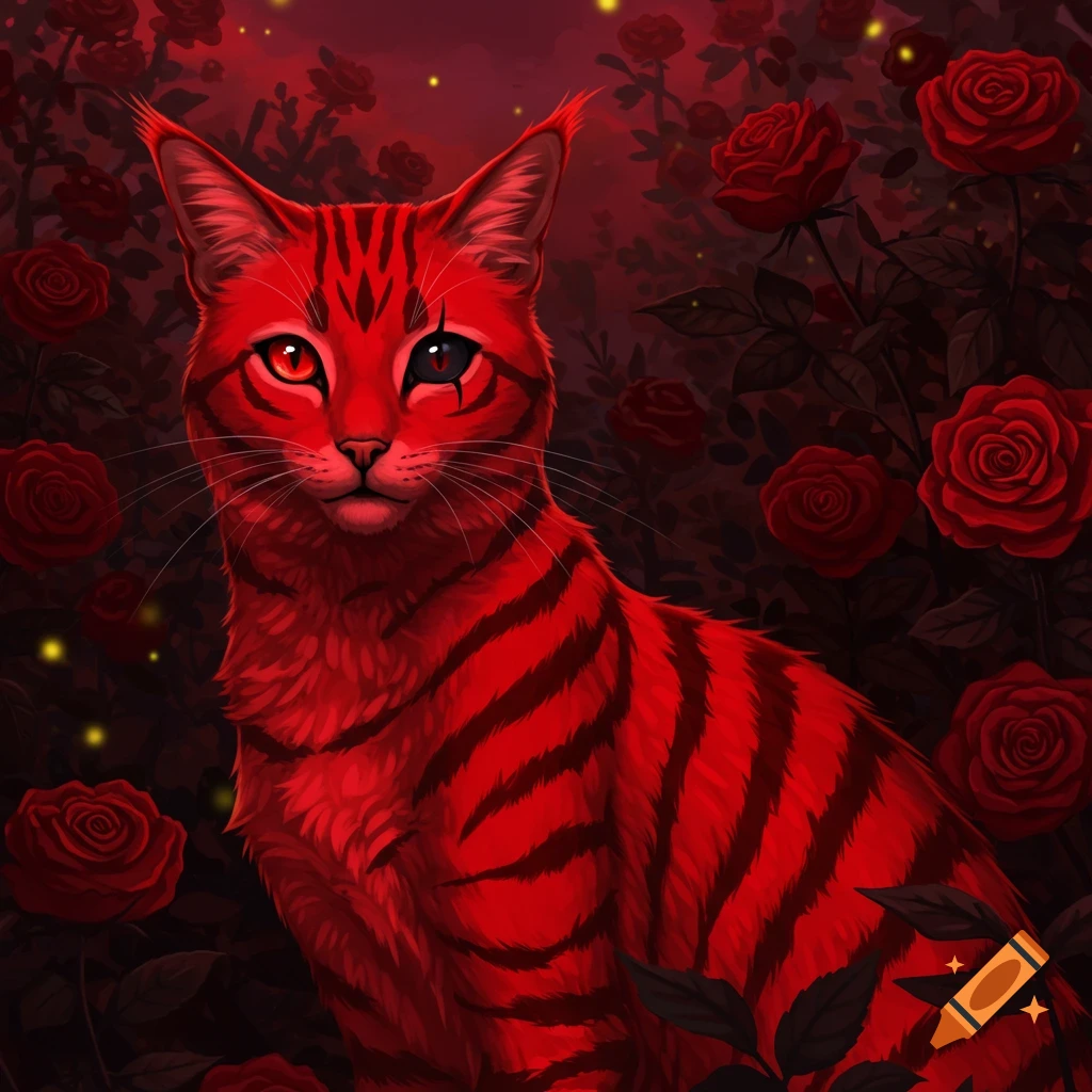 An illustrative red cat with black stripes and a black spot around one eye, with one red and one dark eye, sits surrounded by dark red roses.