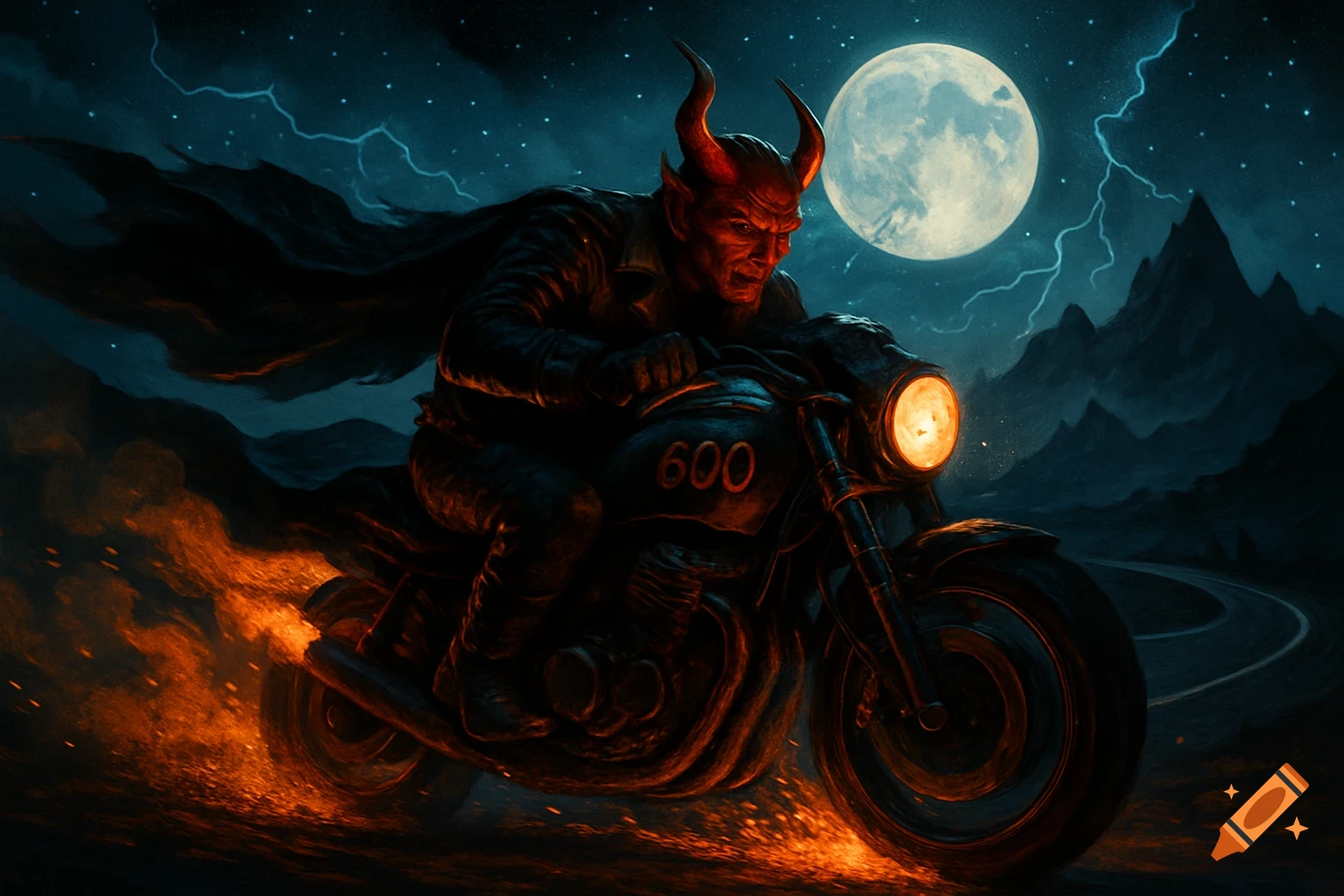 A red-skinned devil with horns rides a motorbike, leaving a trail of fire under a full moon and lightning-filled night sky.
