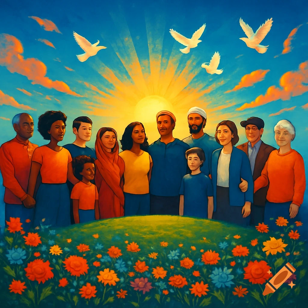 Diverse group stands in a flower field under a vibrant sunrise with doves, depicting unity in an illustrative style.