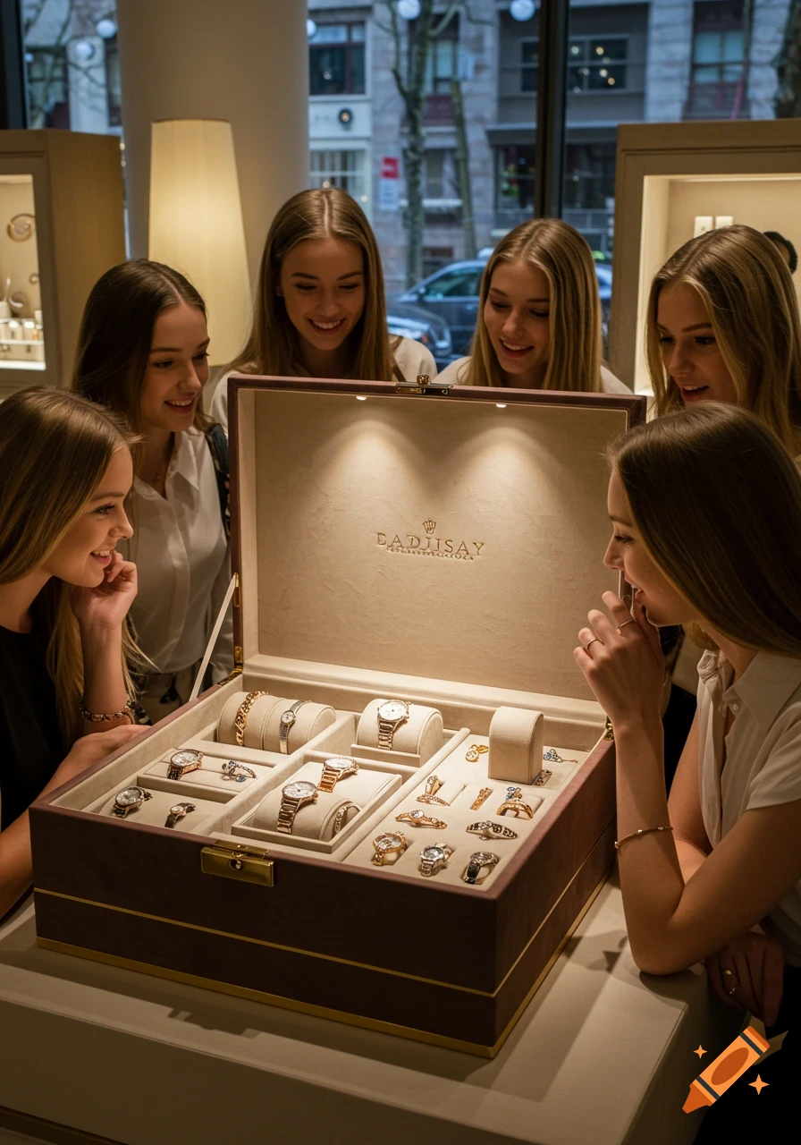 Several young women gather around a luxurious open jewelry box filled with watches and accessories, smiling.