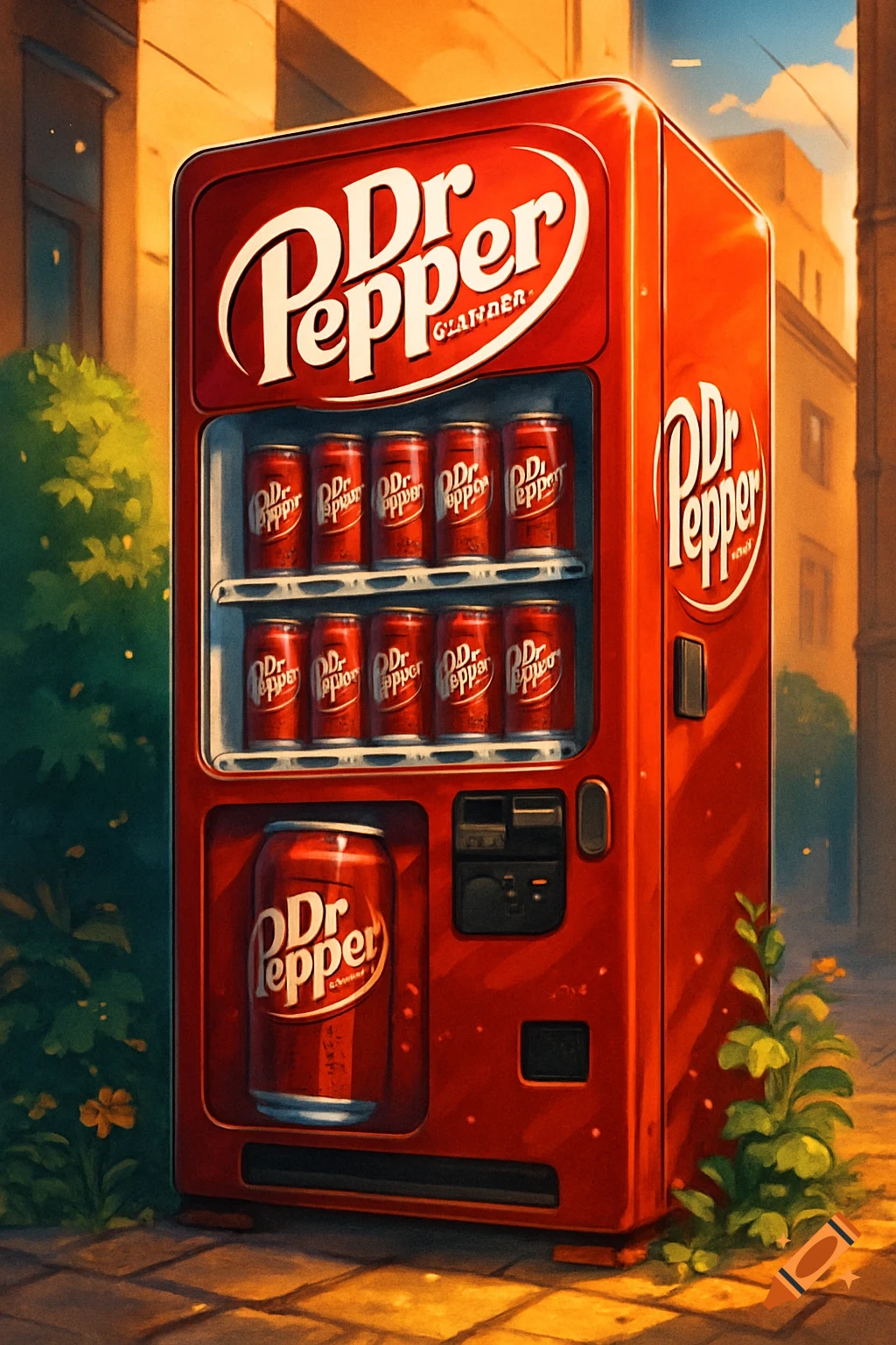 A vibrant, illustrative poster of a red Dr. Pepper vending machine filled with cans, set outdoors on a sunny day.