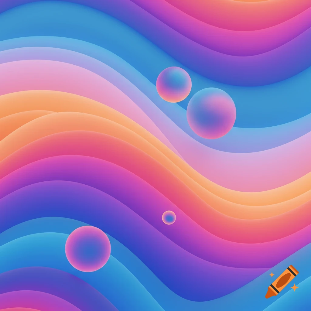 Abstract digital art with flowing rainbow gradients in waves and glowing iridescent spheres.