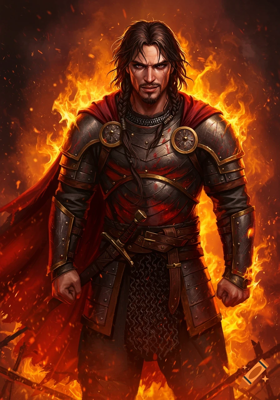 A powerful male warrior in dark armor with a red cape, surrounded by a fiery inferno in a digital painting.