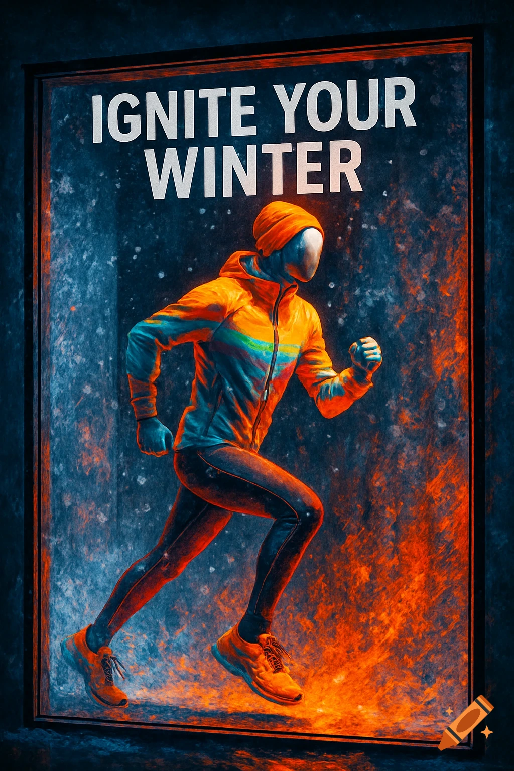 Dynamic image of a mannequin in running attire in a window display, with 'IGNITE YOUR WINTER' text, surrounded by cold blue and fiery orange effects.