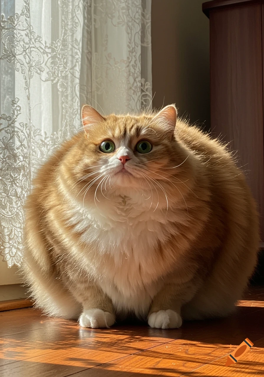 A very fluffy, round orange and white cat with green eyes sits on a wooden floor, bathed in sunlight from a lace curtain.