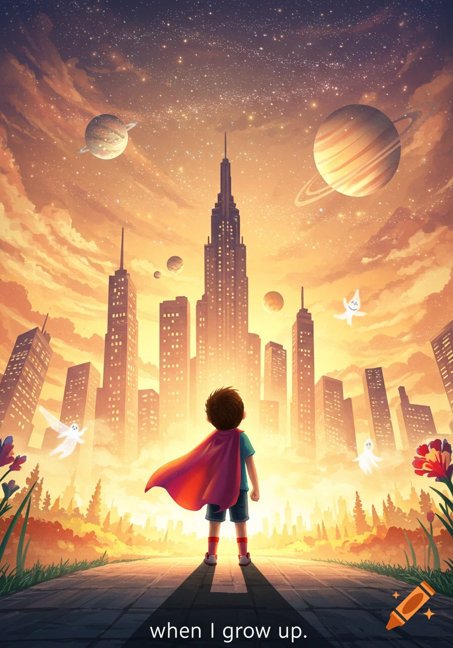 A child in a red cape stands before a futuristic city and cosmic sky with planets, stars, and whimsical figures. Text: when I grow up.