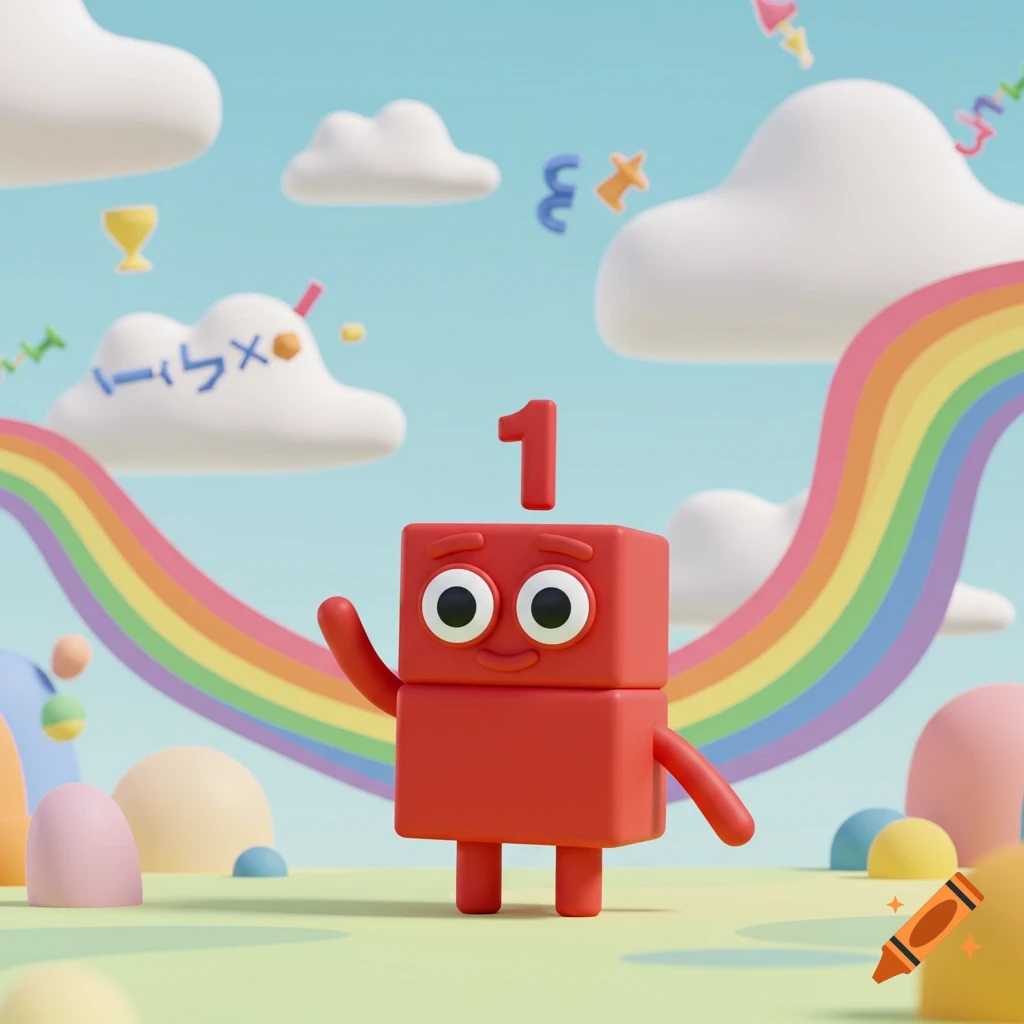 A cheerful red number block character with the number 1 on its head waves in a cartoon landscape with clouds and a rainbow.