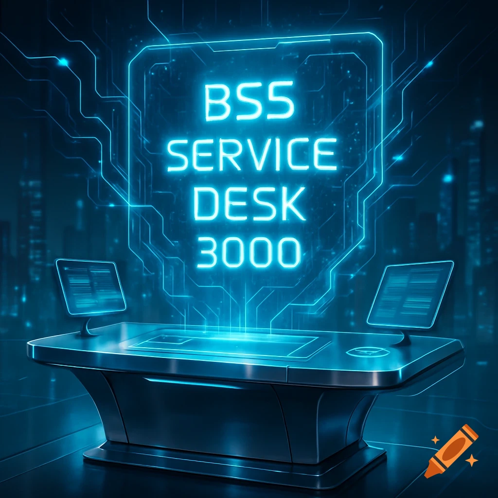 A futuristic glowing holographic display above a sleek black desk with two monitors, showing 'BSS SERVICE DESK 3000'.