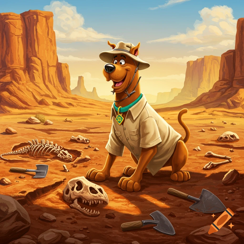 Scooby Doo, dressed as a paleontologist in a safari hat and shirt, sits in a desert surrounded by dinosaur bones and digging tools.