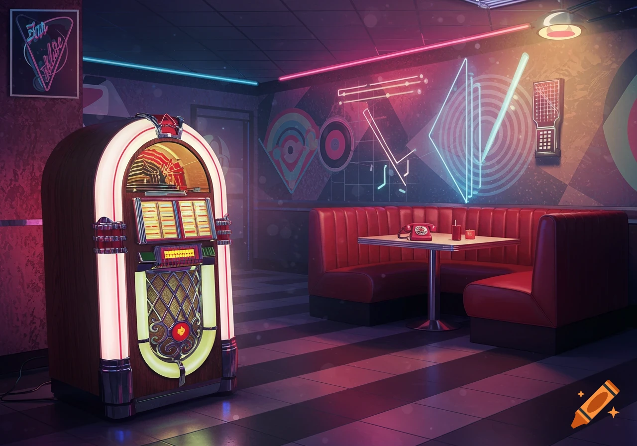 An empty retro diner with a classic jukebox and red booths, lit by colorful neon signs on the walls.