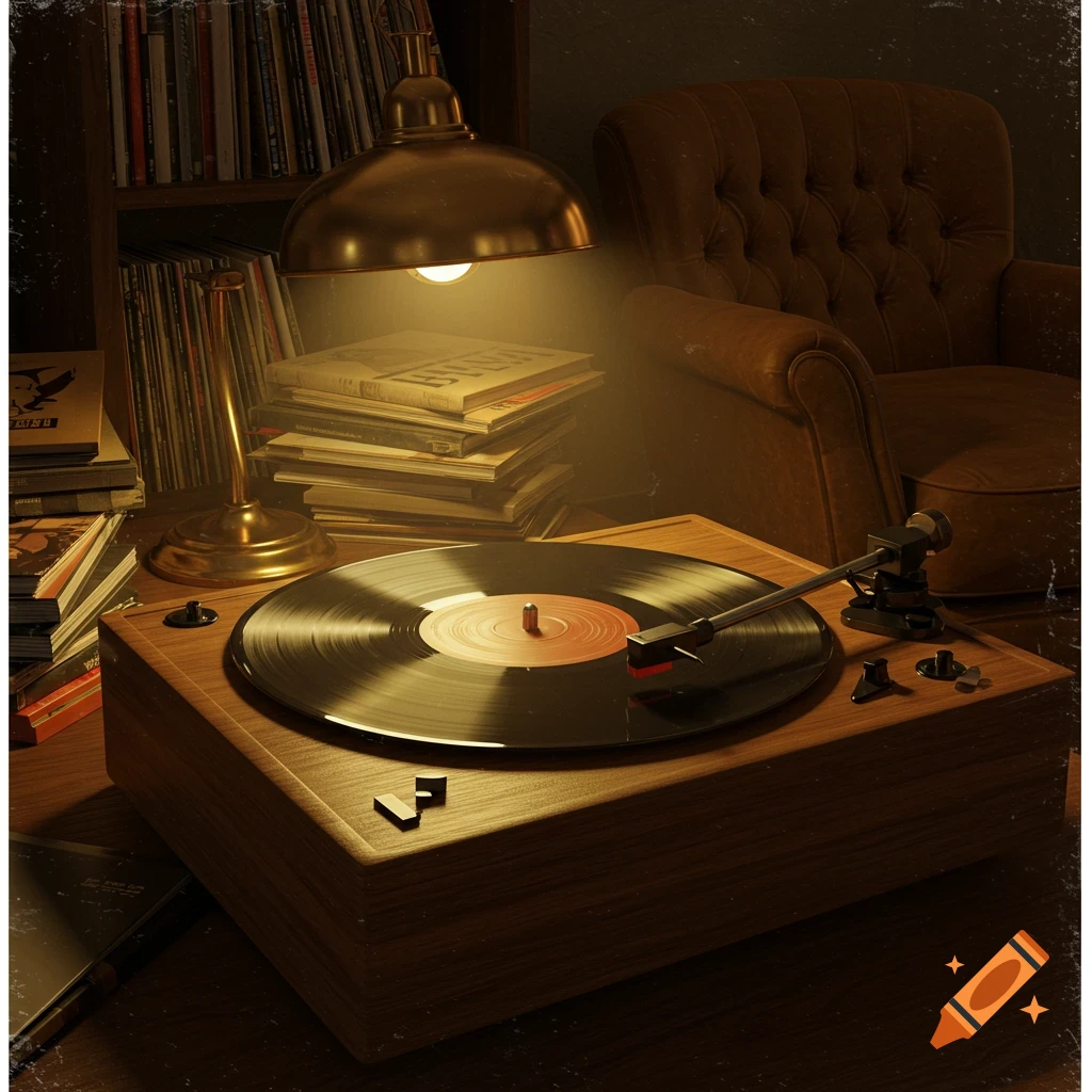 A record player with a vinyl record under a warm lamp, surrounded by books and a leather armchair in a cozy, vintage room.