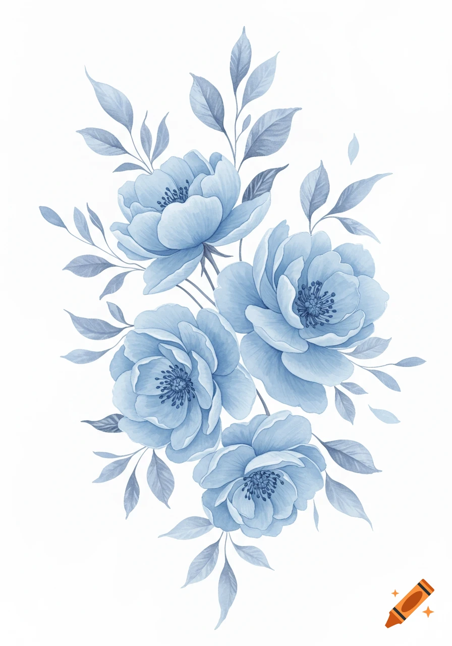 A beautiful watercolor floral arrangement featuring light blue flowers and muted gray-blue leaves on a white background.