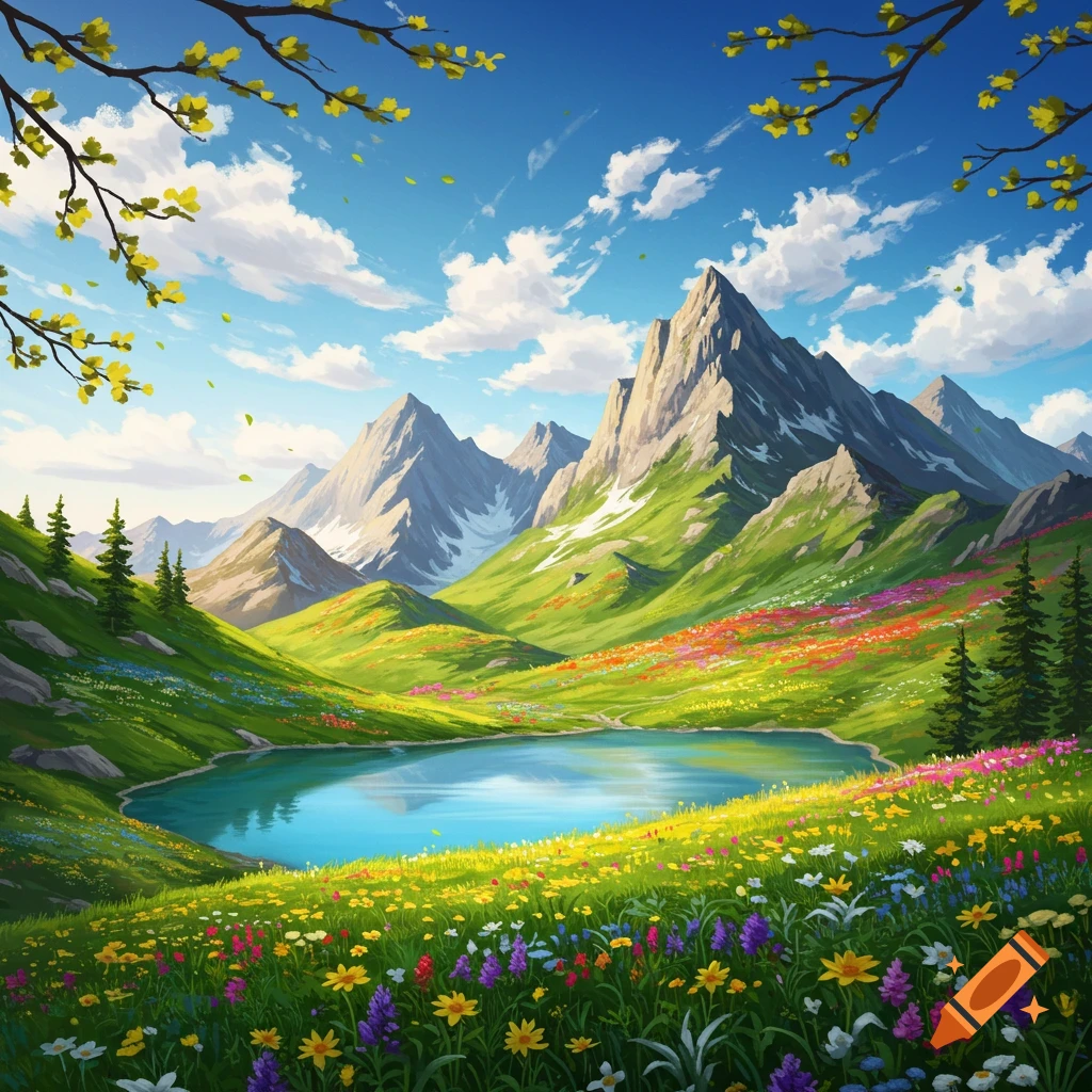 Vibrant illustration of a mountain valley with a blue lake, lush green hills, colorful wildflowers, and a bright blue sky.