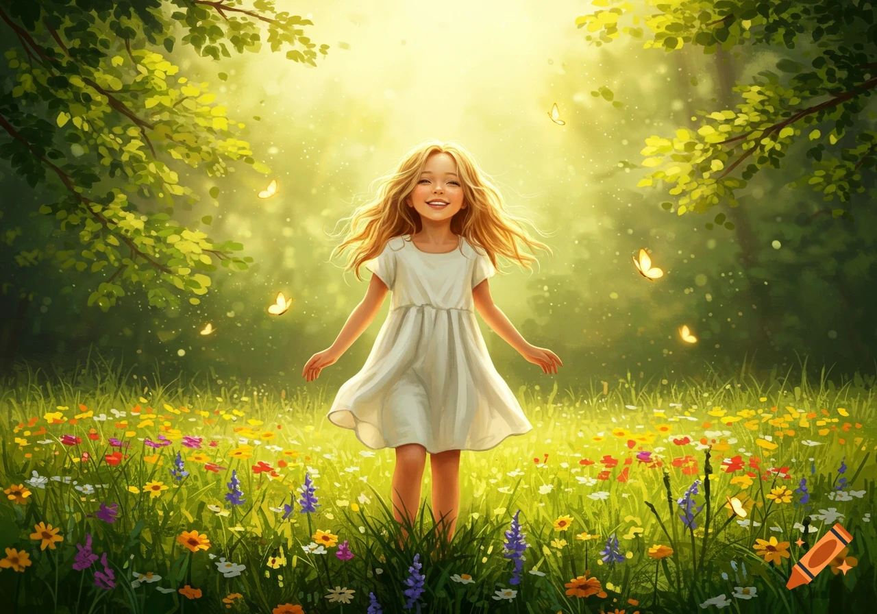 Smiling young girl with blonde hair in a white dress, standing in a sunny meadow with colorful flowers and butterflies, illustration.