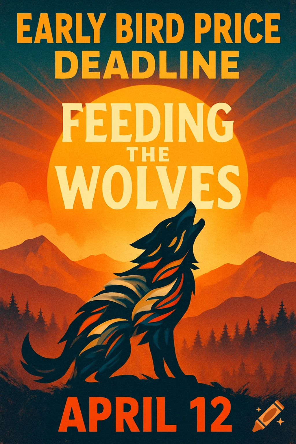 A stylized poster with an orange sunset over mountains and a howling wolf silhouette. Text reads 'Early Bird Price Deadline', 'Feeding The Wolves', and 'April 12'.