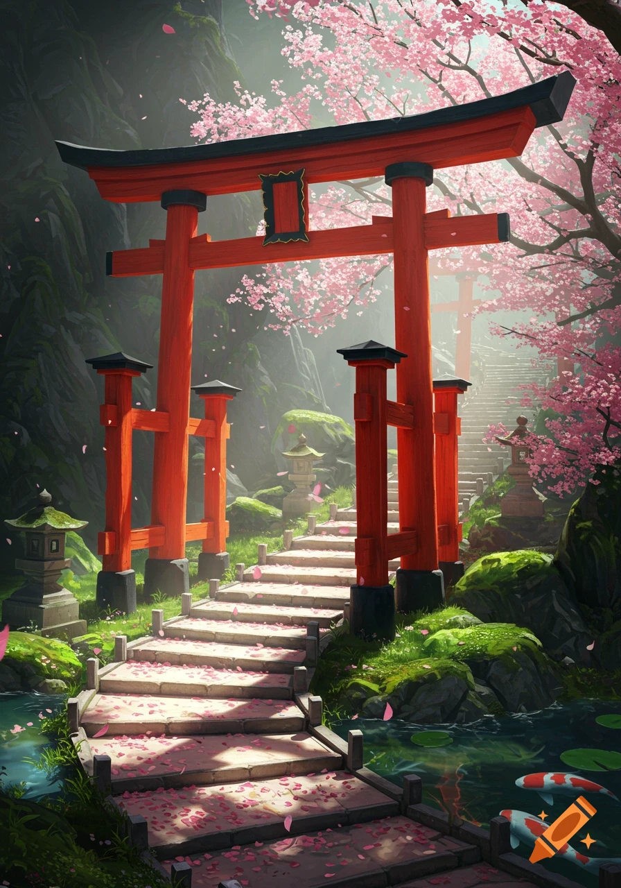 A vibrant stylized illustration of a red Japanese Torii gate amidst cherry blossoms, leading to a stone path in a lush garden with koi fish.