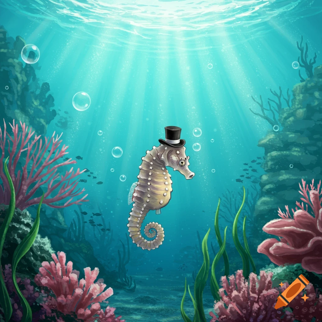 Illustrated seahorse wearing a top hat swims in a vibrant underwater coral reef with light rays beaming down.