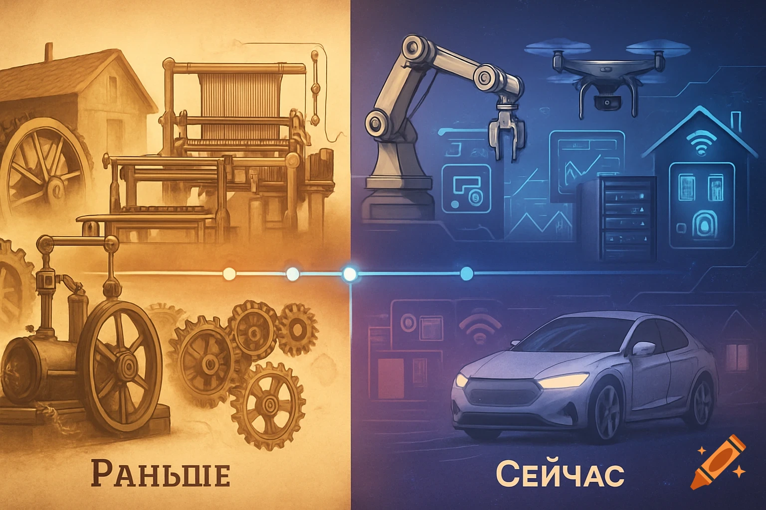 Split illustration showing old industrial machinery on the left and modern technology like robots, drones, and smart homes on the right.