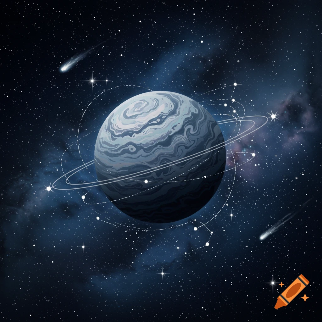 Stylized blue and grey planet with rings and orbiting elements against a dark blue starry space background with nebulae and comets.