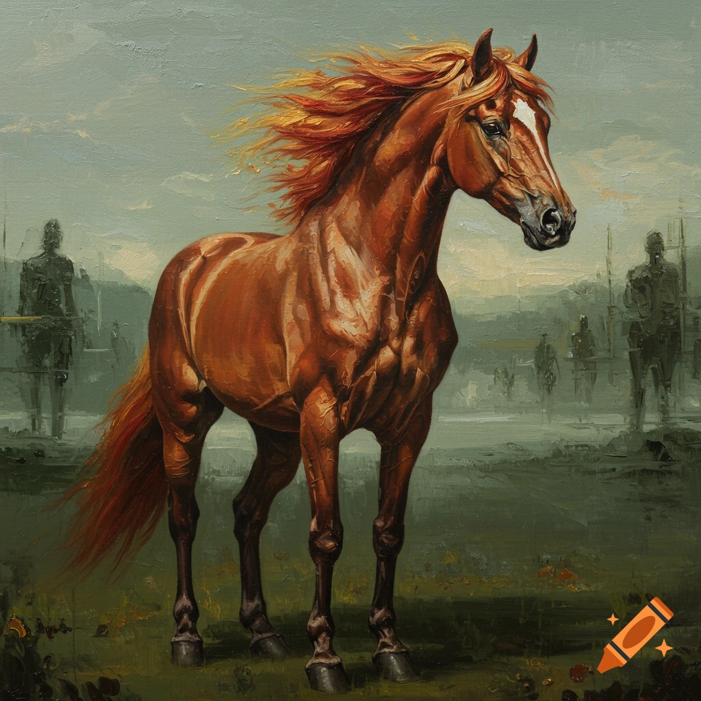 Oil painting of a majestic brown horse with a flowing mane in a field with abstract figures in the misty background.