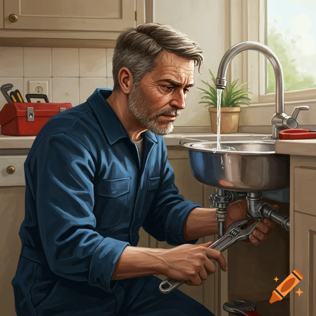 A bearded plumber in blue overalls fixes a kitchen sink with a wrench, water runs from the faucet.