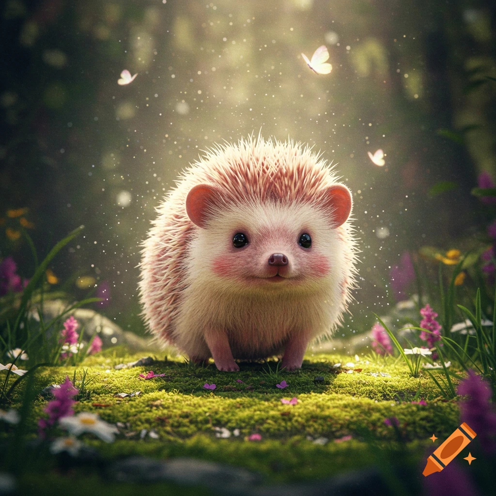 A cute, fluffy hedgehog with rosy cheeks stands on mossy ground in a magical forest with glowing particles and butterflies.