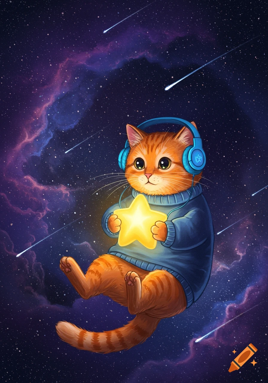 A cartoon orange tabby cat in blue headphones and sweater floats in space, holding a glowing star, amidst nebulae and shooting stars.