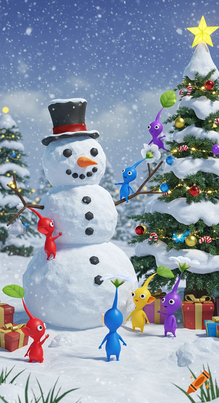 Pikmin characters building a snowman and decorating a Christmas tree in a snowy winter landscape, in a colorful video game art style.