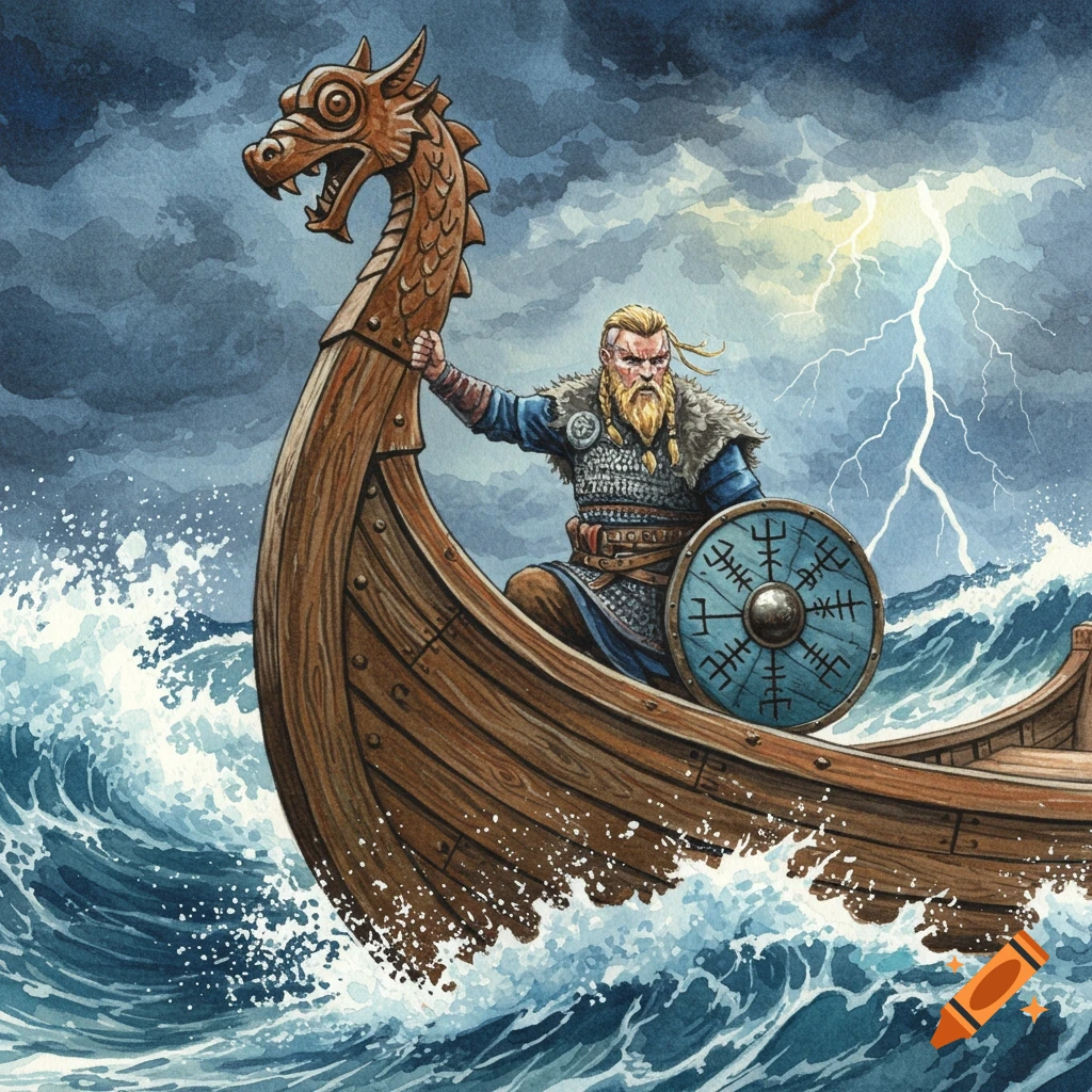 A fierce Viking with a braided beard and shield sails a dragon-headed longship through a stormy sea, in watercolor style.
