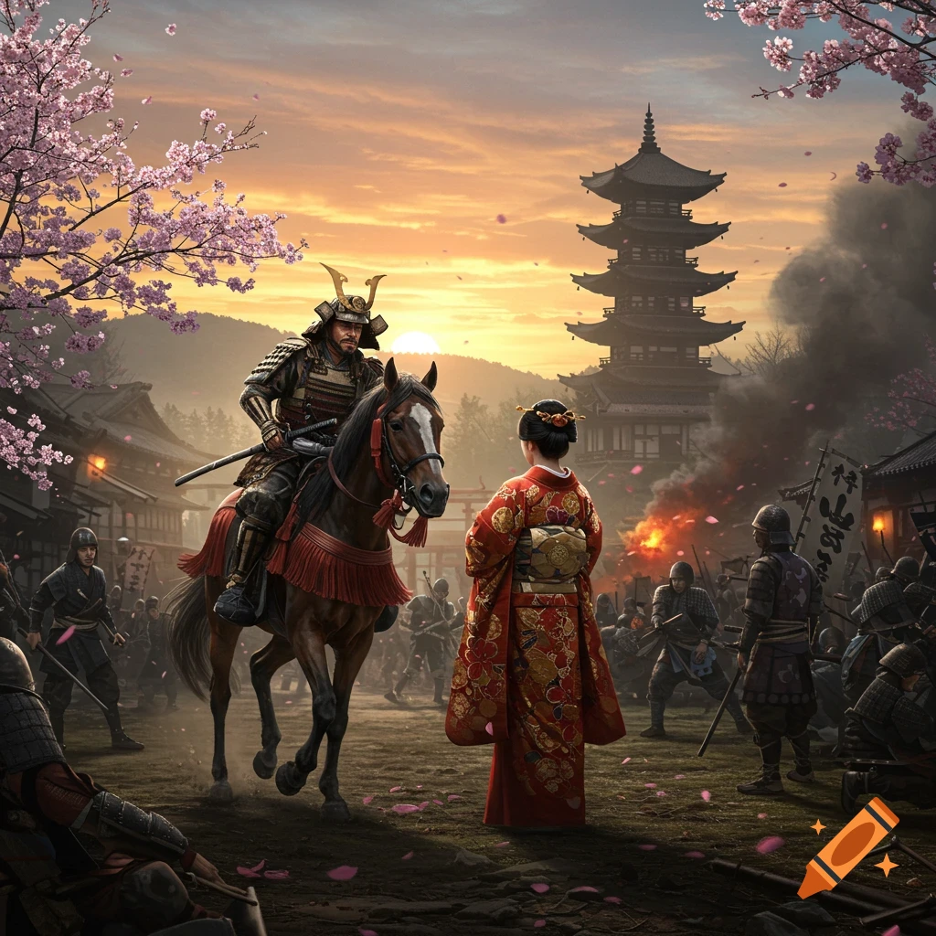 A samurai on a horse, with a woman in a red kimono, in a Japanese village under a sunset with cherry blossoms and a pagoda.