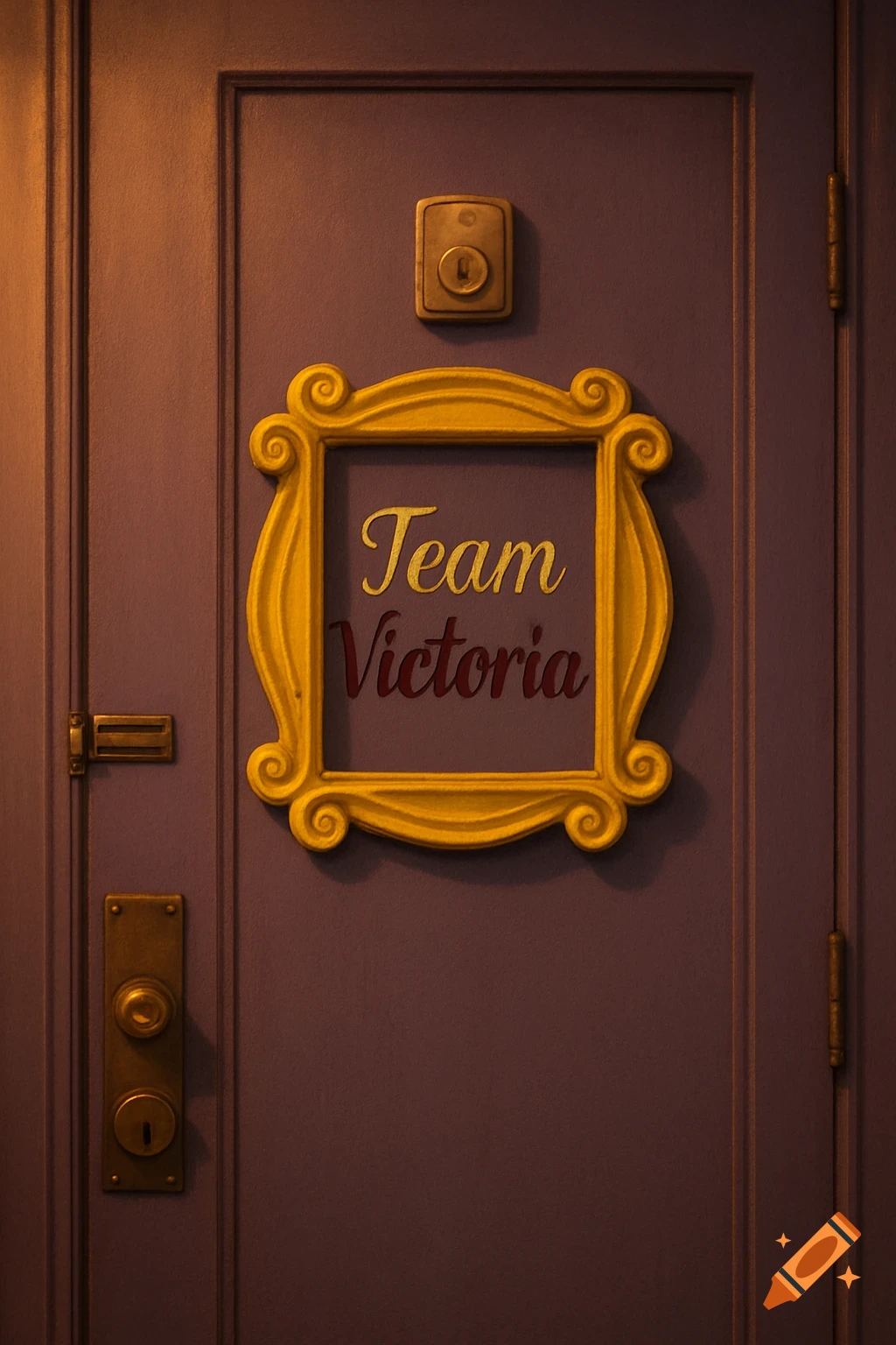 A purple door with a yellow ornate frame, characteristic of the Friends TV show, displaying 'Team Victoria' inside.