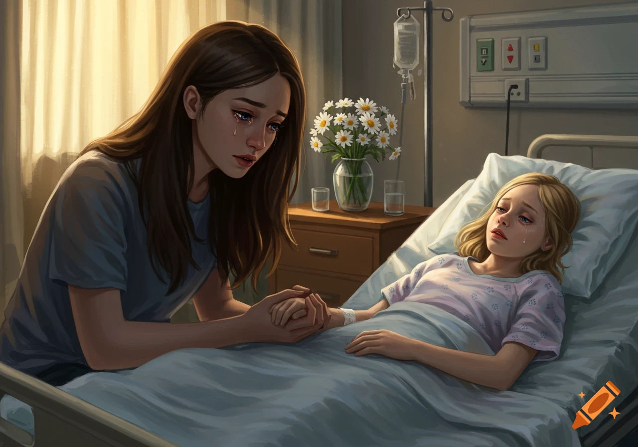 A sad woman with long dark hair holds the hand of a crying blonde child lying in a hospital bed.