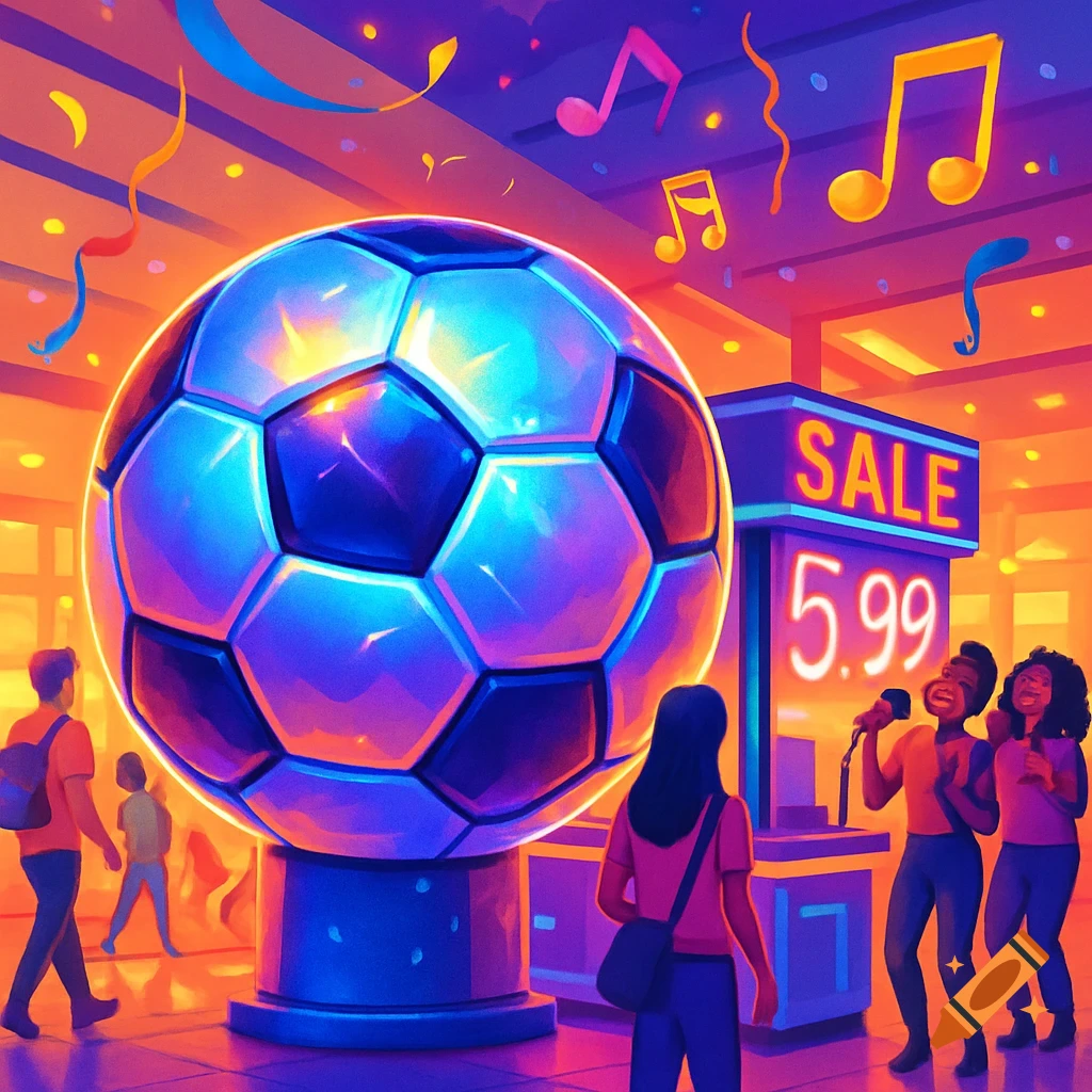 A vibrant digital art image shows a giant glowing soccer ball in a mall, with people walking and three women singing near a "SALE 5.99" sign, surrounded by musical notes and confetti.