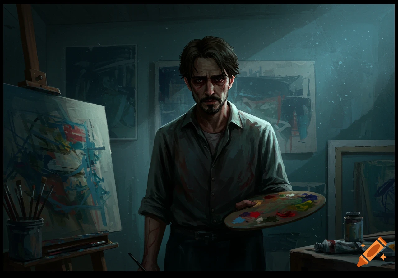 A brooding artist with a beard, dark eyes, and paint-splattered shirt holds a palette in a dimly lit studio with an easel and abstract paintings.